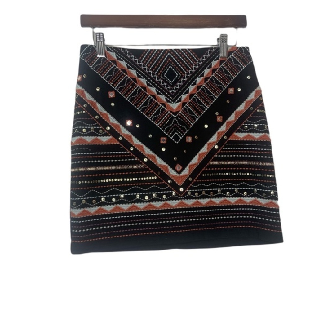 Romeo & Juliet Couture Boho Black Orange Embroidered Sequined Mini Skirt Cotton - Picture 2 of 14